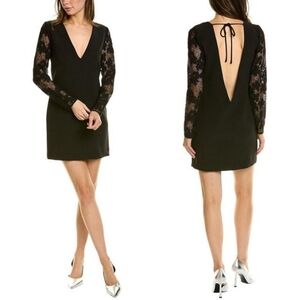 The Kooples Black Deep V-neck Lace Sleeves Sheath Open Back Dress Size L + XS